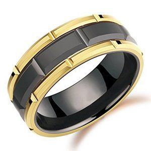 Mens Tungsten Wedding Band 8mm. Duo Tone Black & Yellow Gold Tone Brick Pattern